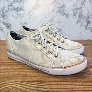 Coach Signature Dee White and Tan Lace-up Canvas Sneakers Shoes Size 8
